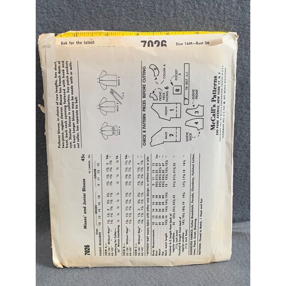 McCalls 7026 Vintage Sewing Pattern Easy Misses Shirt Size 16-18 - Picture 2 of 2